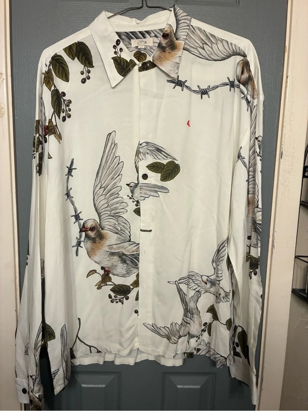 Men's White Bird-Print Button-Down Shirt